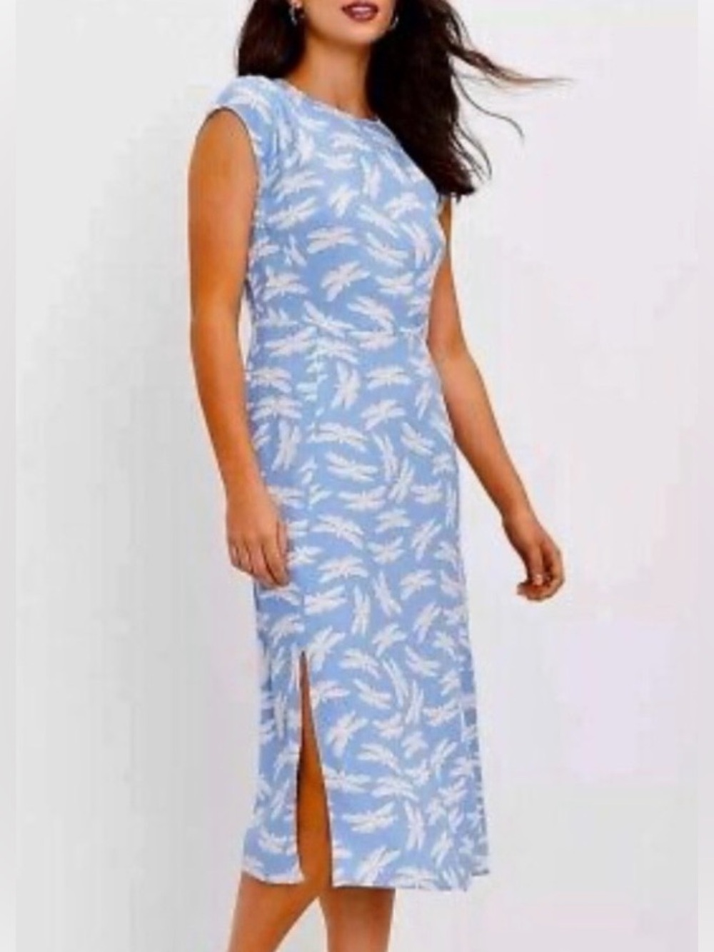 LOFT Baby Blue Dragonfly Printed Cap-Sleeve Midi Dress Soft Viscose Fabric 8